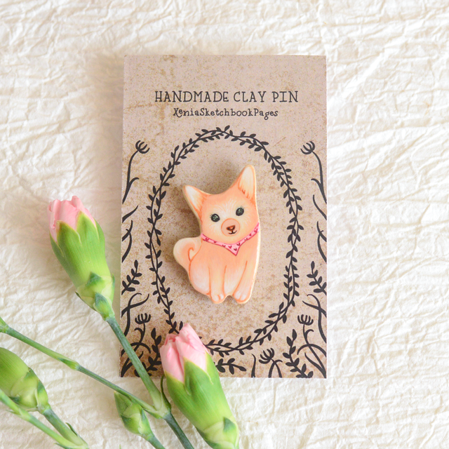 Spring Collection &quot;Corgi Friend&quot; clay pin