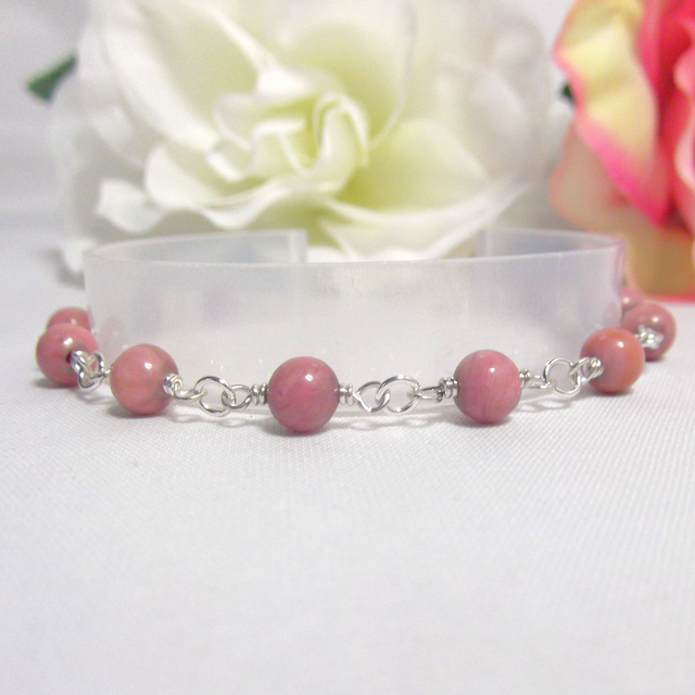 Rhodonite gemstone bead bracelet with recycled silver wire wrapped links