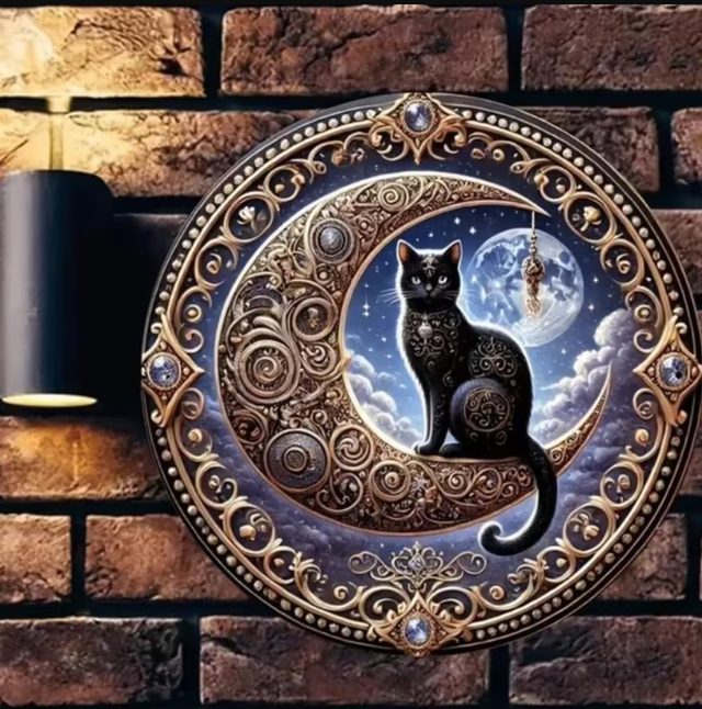 Vintage rond metalen bord Kat op de maan (20cm)