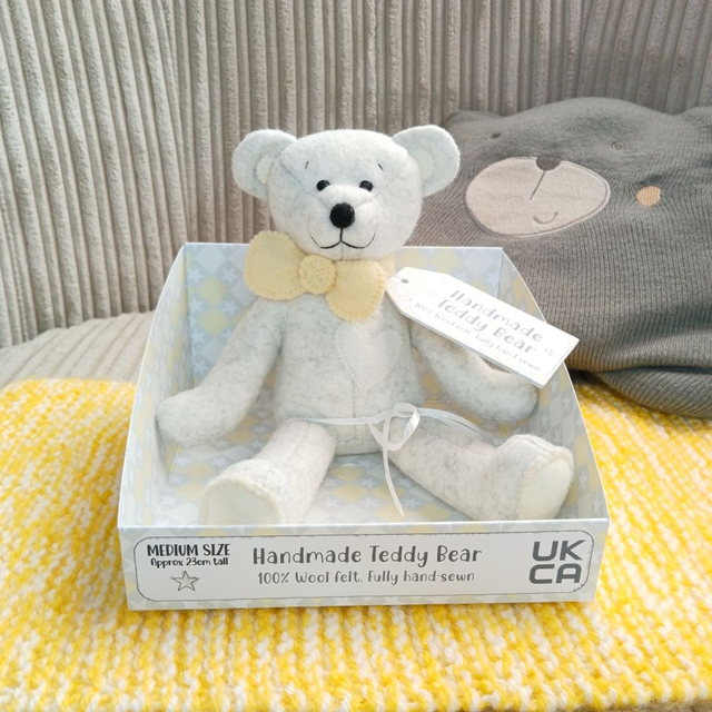 Pastel Grey, white and yellow, handmade teddy bear. Medium size. UKCA. Tray base packaging. Limited Edition Wool Felt.