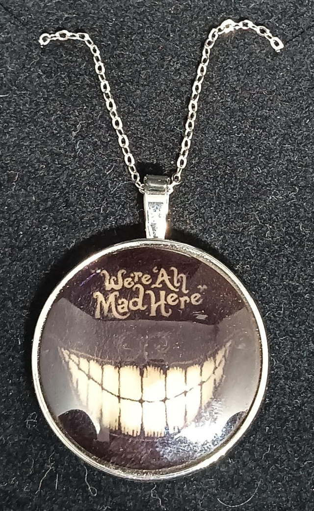 Alice In Wonderland Cheshire Cat "We're All Mad Here" Cabochon Pendant Necklace.