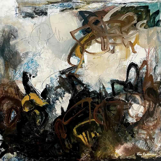 Traversée de tempête,60x60x0,3cm, Œuvre original de l’artiste Eva Chesneau, sur bois, avec cadre de qualité en aluminium brossé 