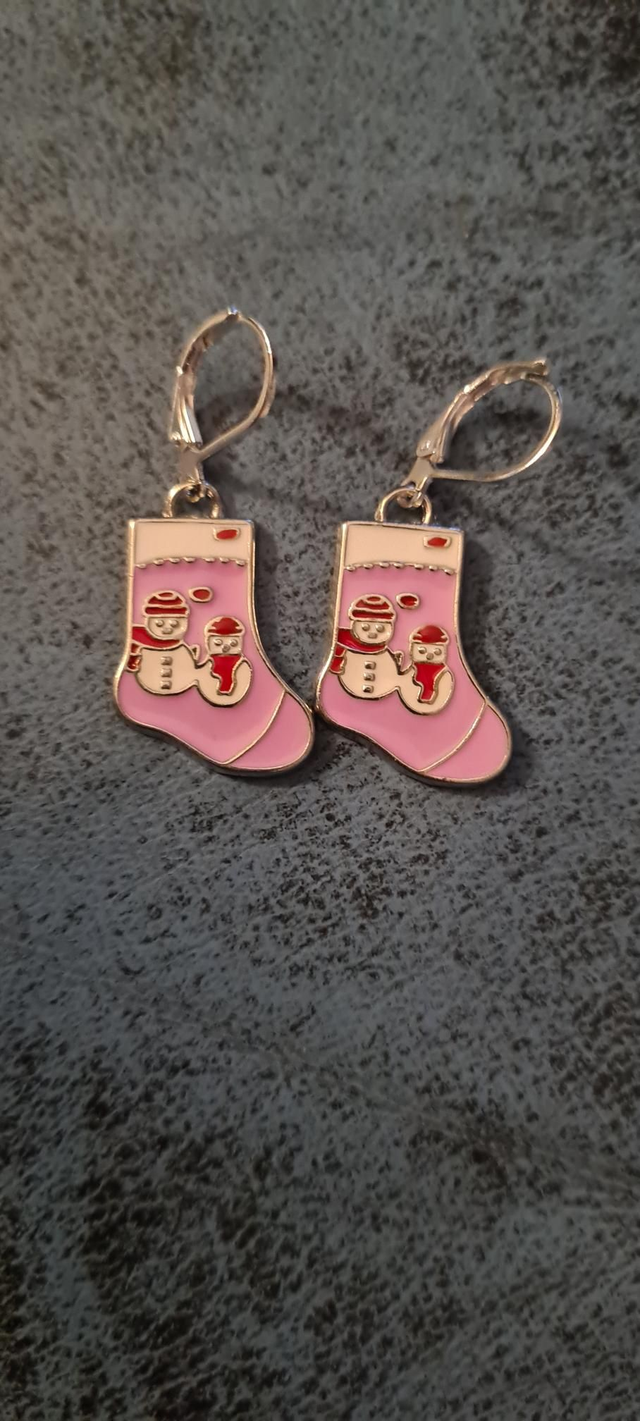 New Silver Enamel Pink White Christmas Stocking Earrings Lever Backs