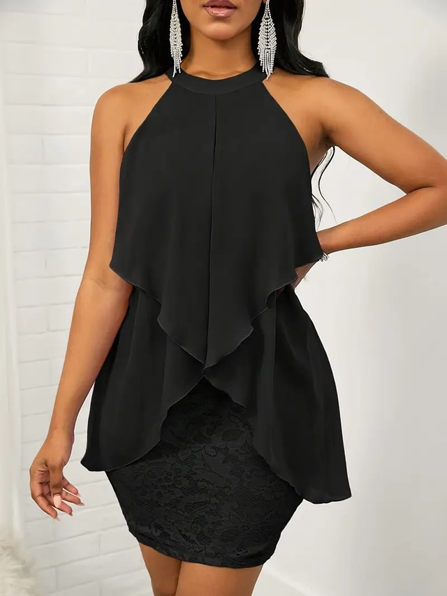 Women's Elegant Lace &amp; Chiffon Halter Neck Bodycon Dress