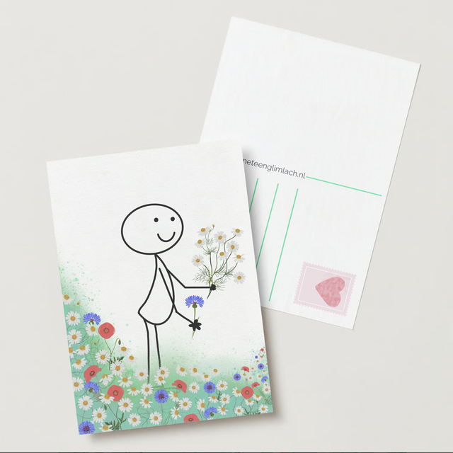 Wenskaart bloemenveld – Robin tussen de veldbloemen