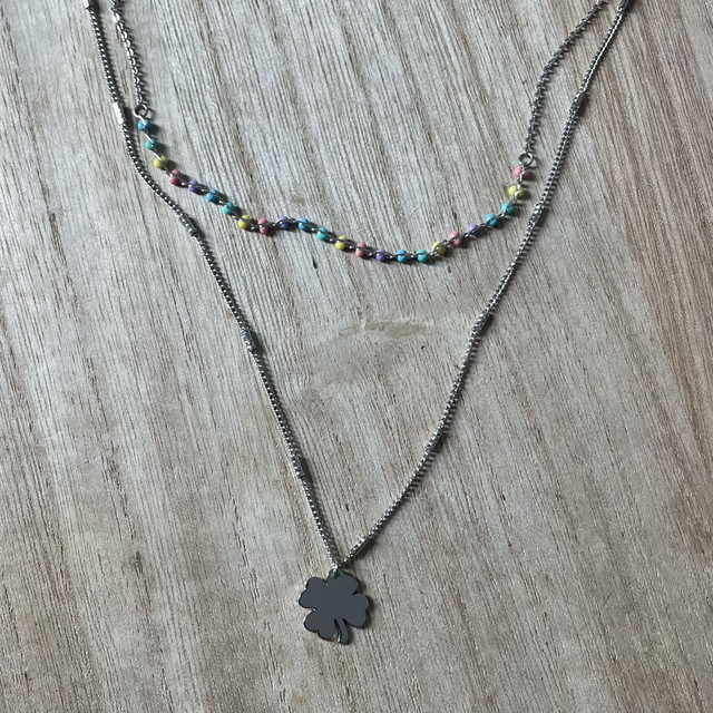 Collier Double Trèfle &amp; Pierres de Couleurs 