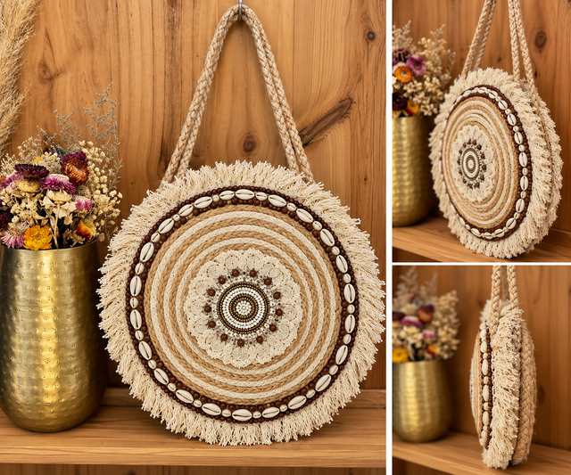 Sac rond bohème coquillages – Beige