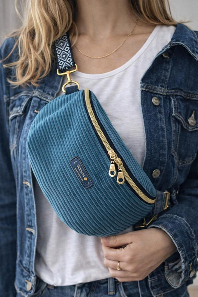 Sac Banane en Velours Côtelé Bleu canard