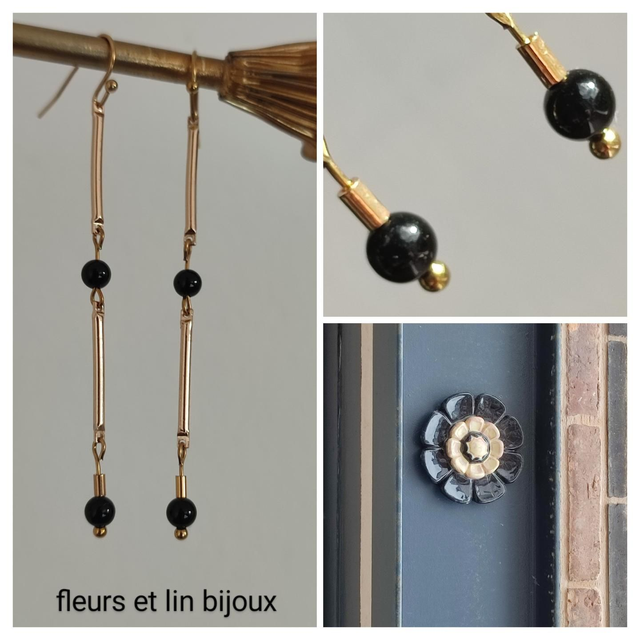 Boucles d&#039;oreilles onyx noir ( pierres naturelles) en acier inoxydable doré -sans nickel 