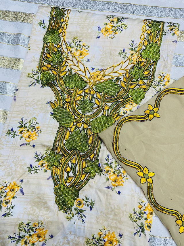 Tissu Mikhwar chila indonesie vert blanc cassé 