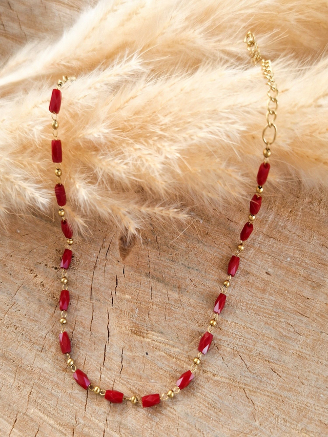 Chaîne de cheville perlée - Perles tubes - Modèle doré et rouge