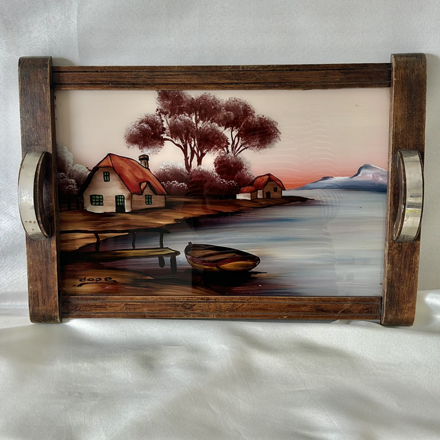 Vintage 1950s Reverse Painted Acrylic Serving Tray Signed Dope