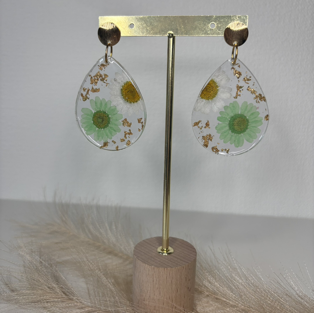 Boucles d’oreilles fleurs verte et blanches