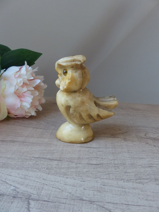 Sculpture Figurine hibou chouette en albâtre fait main espagnol alabastros alvear, Vintage 1960, ancienne statuette hibou pierre sculptée