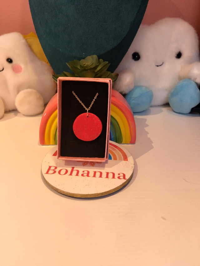 Handmade polymer clay necklace - red sparkle boho disc