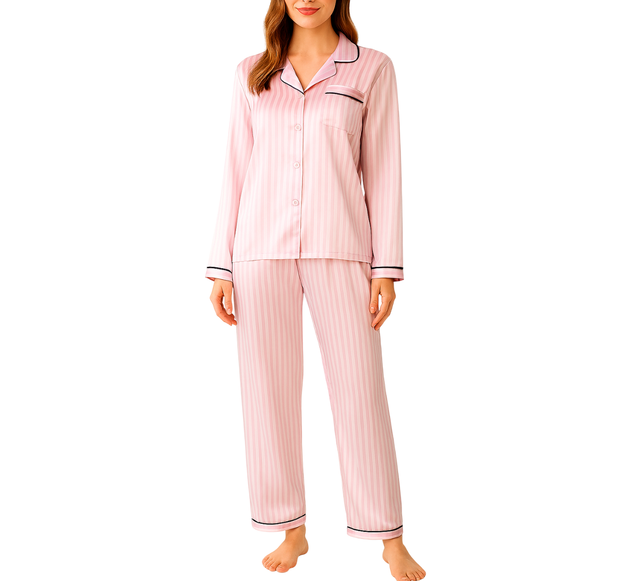 Pyjama femme en satin à rayures, confort et élégance rose ou vert.