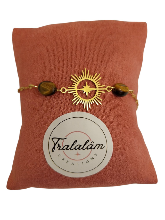 ✨Bracelet &quot;chaîne fine dorée MA BONNE ÉTOILE rayonnante et oeil de tigre&quot;✨(58BRA)