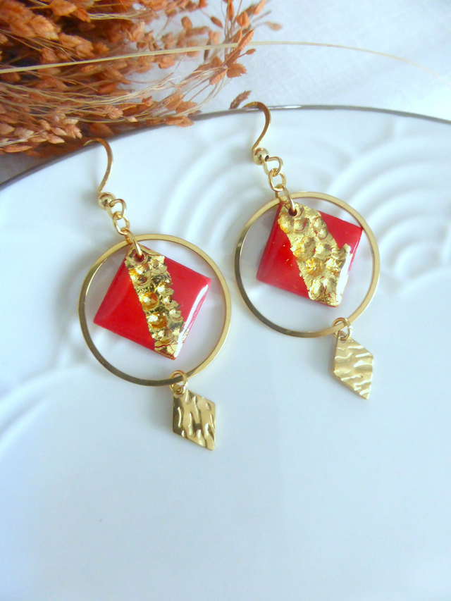 Boucles d'oreilles pendantes rouges- Nuit dorée