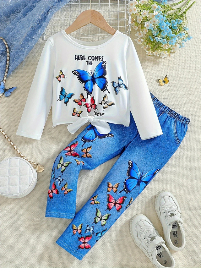 Girls Casual Set for Featuring a White Long-Sleeve Top with Butterfly Prints And Butterfly Denim Print Pants