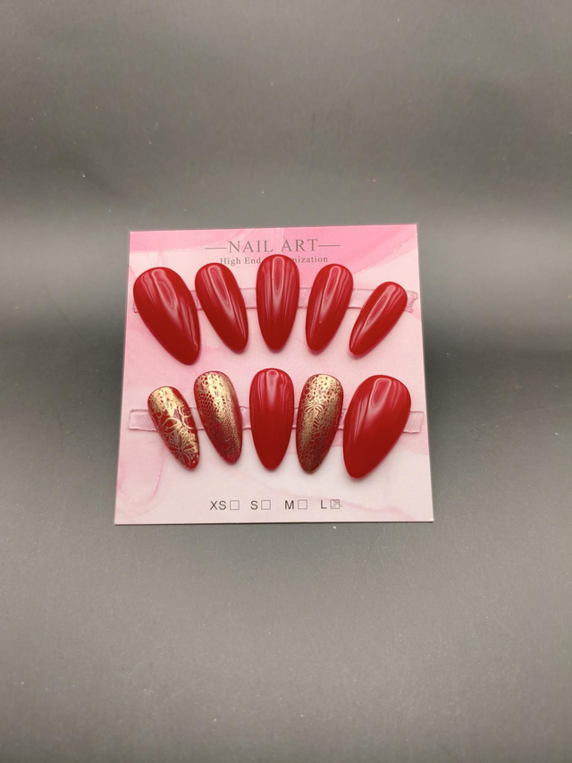 Kit Press-on rouge et dentelle doré taille L 