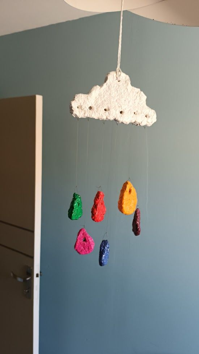 MOBILE PETIT NUAGE AVEC GOUTTES D'EAU , en papier mâché, fait main, décoration ou cadeau unique, 28 cm de hauteur total