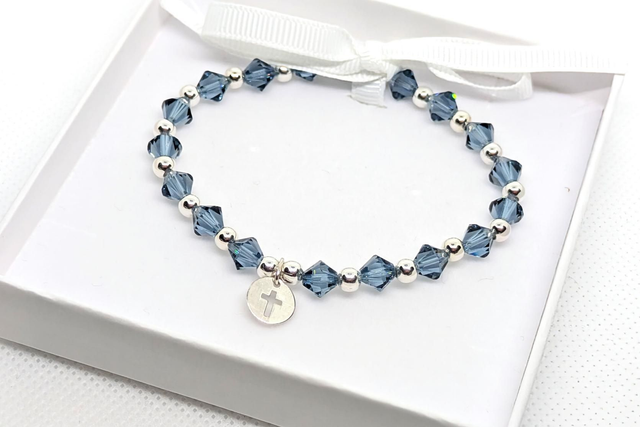 Blue Crystal Bracelet with 925 Sterling Silver Cross Disc Charm