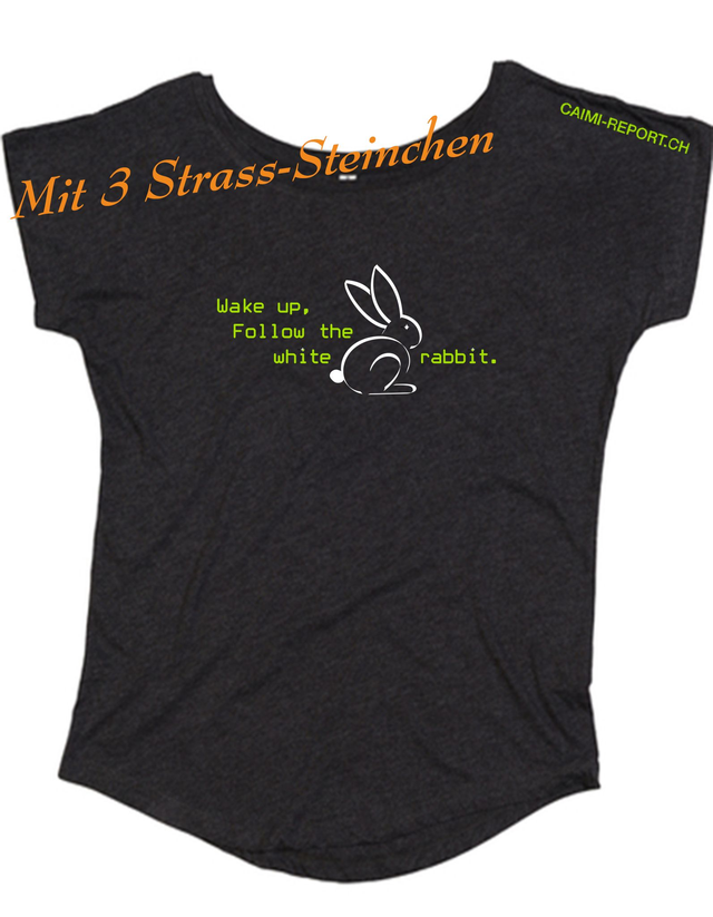 Ladies' shirt, White Rabbit, Sujet 1 mit 3 Strass-Steinen verziert, schwarz