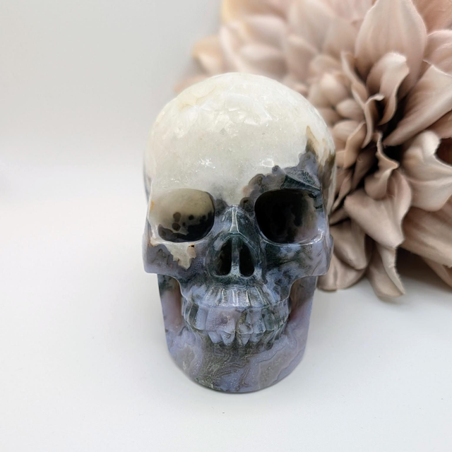 High Quality Hand Carved Crystal Skull - 4.5" Moss Agate 