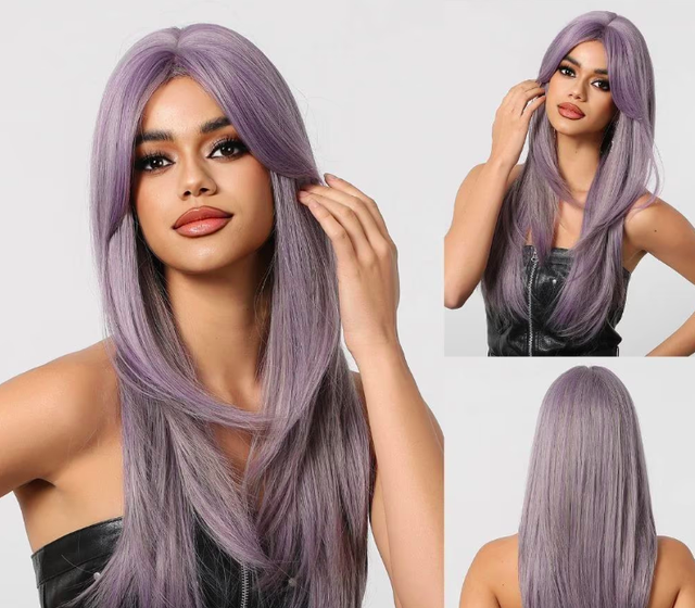 Rechte gelaagde synthetische pruik met pony (61cm) paars