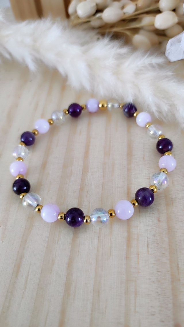 Bracelet "Guérison émotionnelle" Kunzite, Améthyste et Quartz Aura