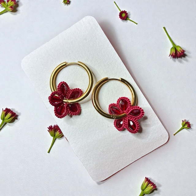 Boucles d'oreilles en dentelle de frivolité créoles rondes