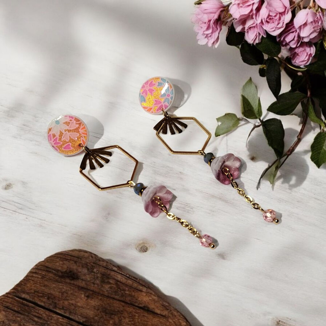 Boucles d'oreilles pendantes motifs japonais parme bleu