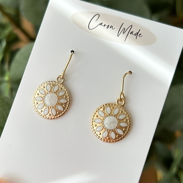 Gold and white floral boho style earrings