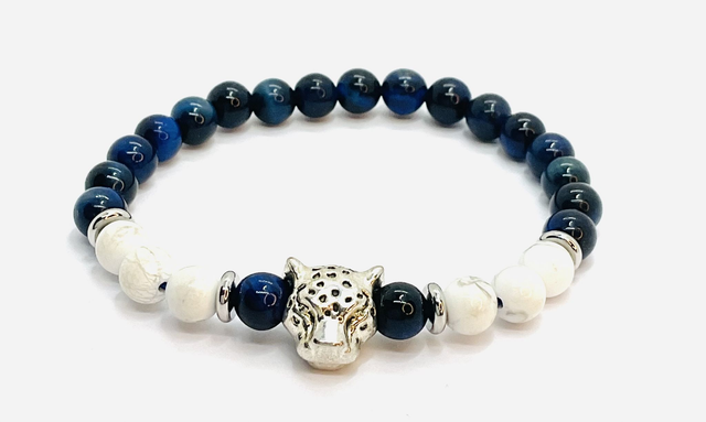 Bracelet Oeil de tigre bleu et howlite blanche 6 mm