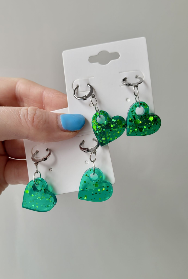 Earrings | Glitter Green Hearts | Stainless Steel Hoops