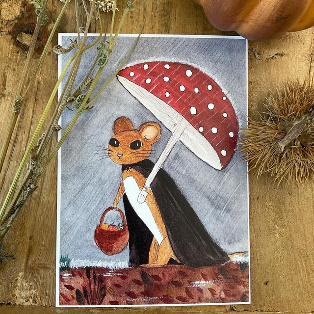 La souris sous son parapluie - carte postale