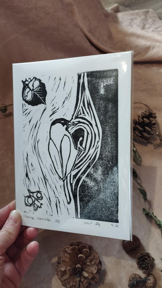 Illustration Oiseau Mésange Nonnette en linogravure