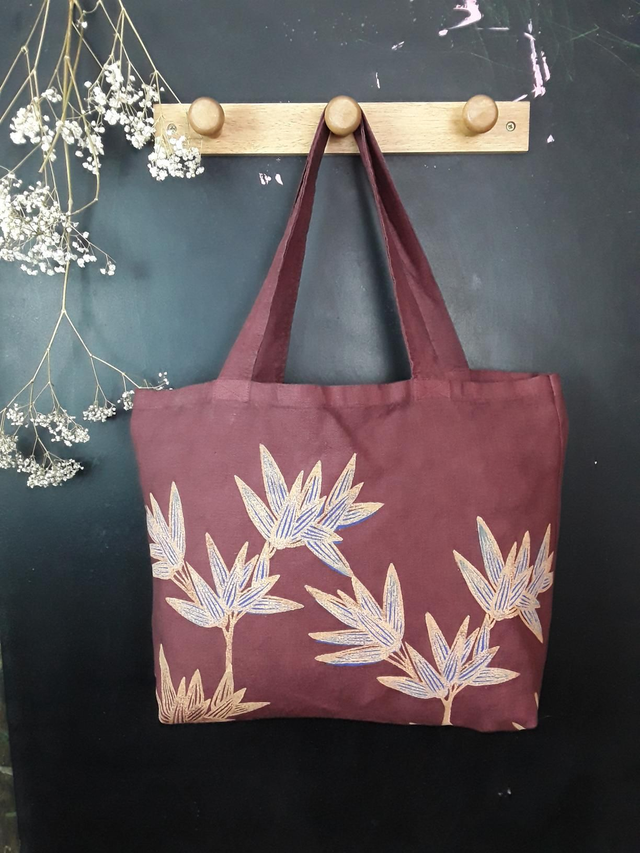 Cabas en lin pourpre BAMBOO BRANCHES 