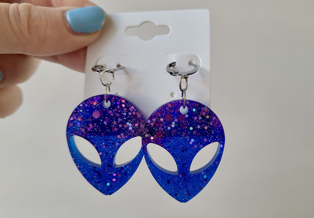 Earrings | Purple - Blue Glitter Alien Head | Stainless Steel Hoops
