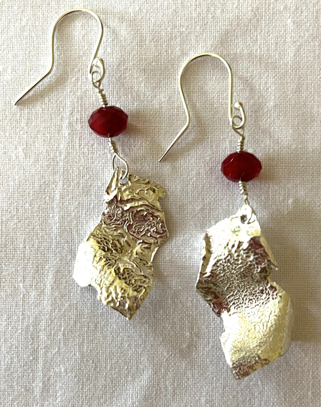Reticulated Silver and Red Glass Bead Drop Earrings