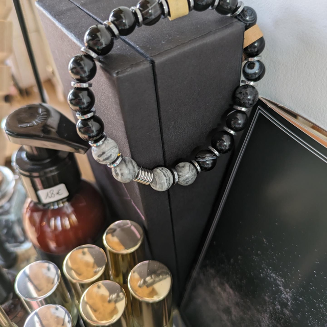 Bracelet agate noire 🖤, jaspe Picasso et Hématite 🩶
