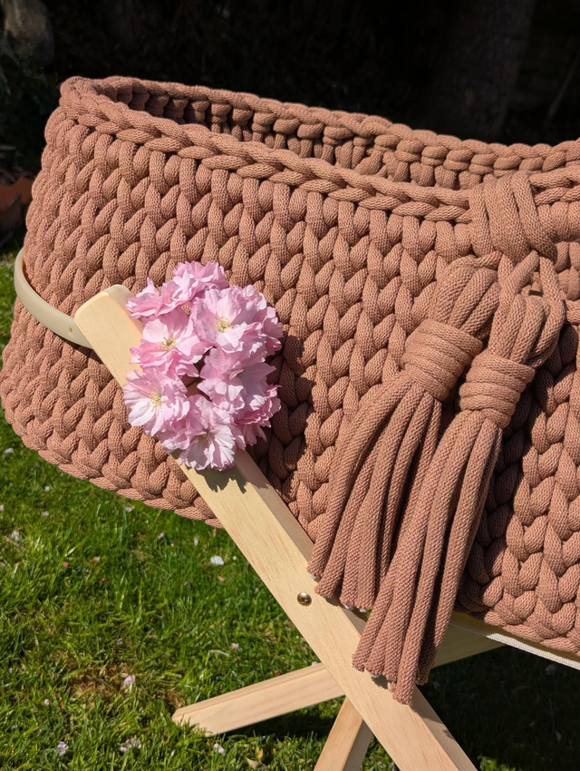 Handmade Crochet Moses Basket Made To Order (77cm x 30cm x 33cm approx) Not Including Stand or Mattress