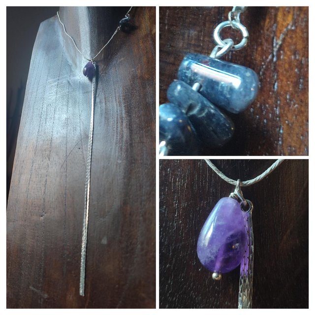 Collier améthyste et long pendentif chaine en acier inoxydable argent, monté sur fil de lin réglable avec chaîne d&#039;extension argent, pièce unique 