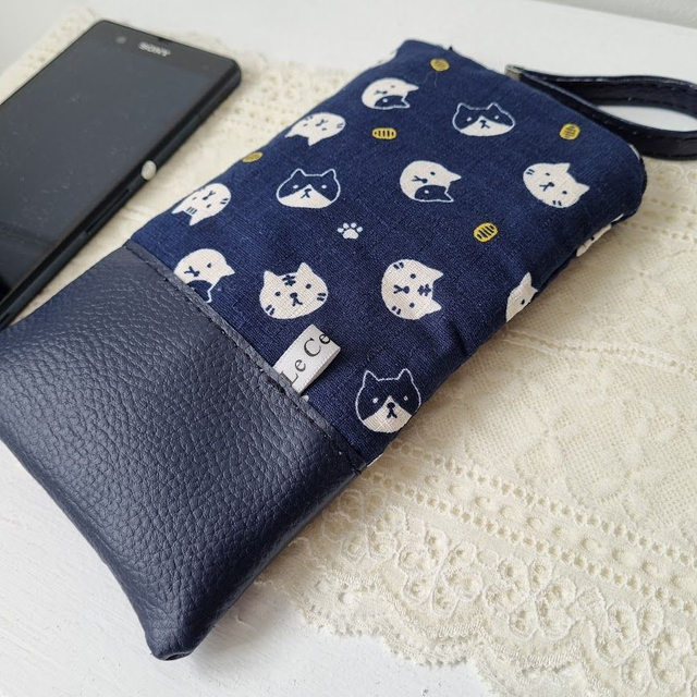 Etui zippé pour smartphone "Koneko" simili cuir bleu marine