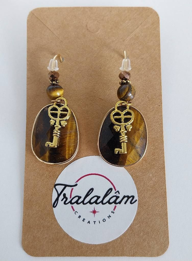 ✨Boucles d’oreilles &quot;oeil de tigre clés dorées&quot;✨