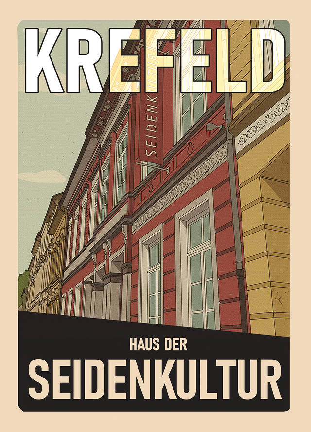 Retro-Reiseposter Krefeld: Haus der Seidenkultur