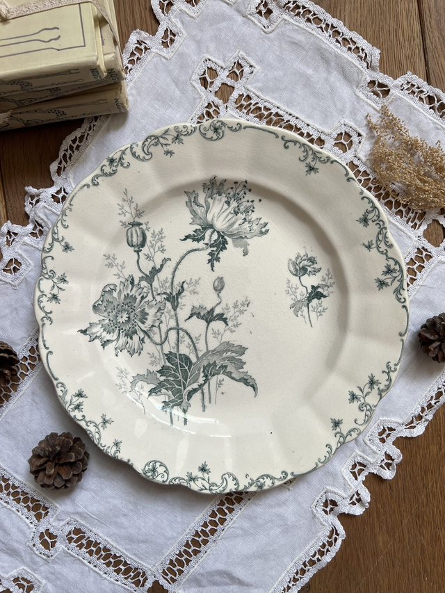 PAVOTS GRIS-VERT - Suite de 4 assiettes plates modèle Pavots par la manufacture française Choisy le Roi (H. Boulenger) - Terre de Fer