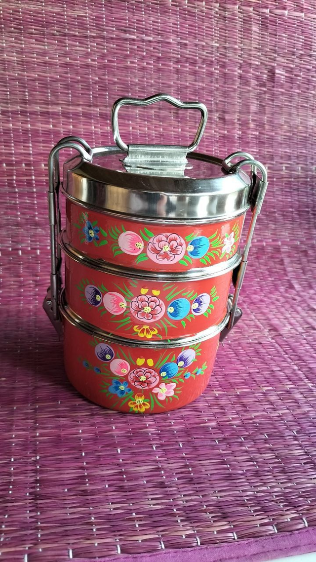 Lunch-box rouge, Boîte à déjeuner à 3 étages, en inox, couvercle plat