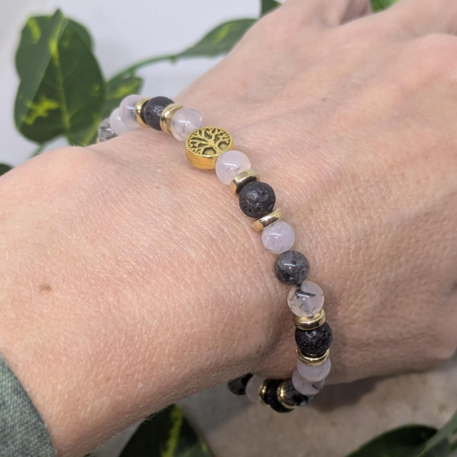 Bracelet "Quartz-Tourmaline & Pierre de lave" 6mm BR-097