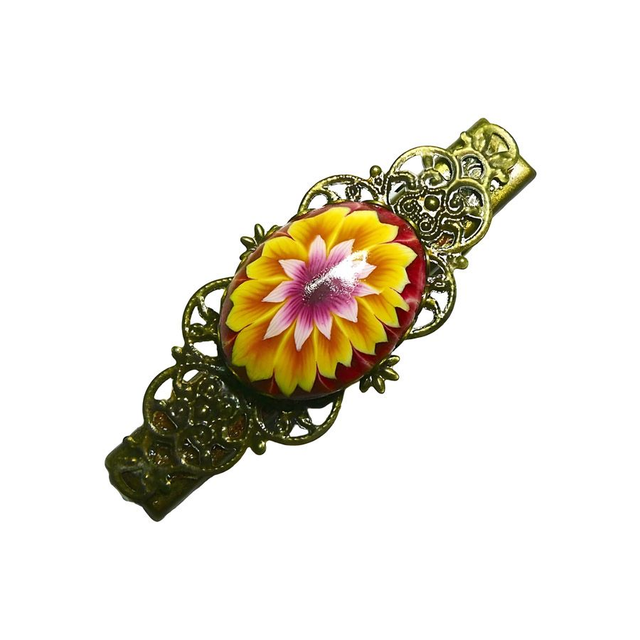 Pince croco estampe rétro dahlia jaune